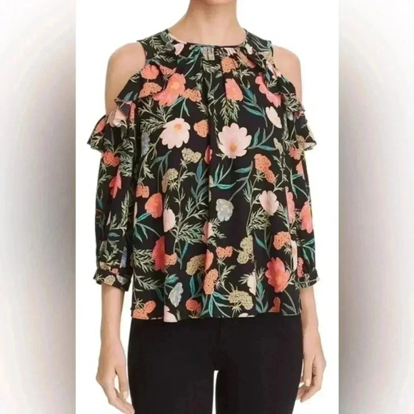 KATE SPADE  New York Black Blossom Print, Cold Shoulder Top Women’s Small - Picture 1 of 6